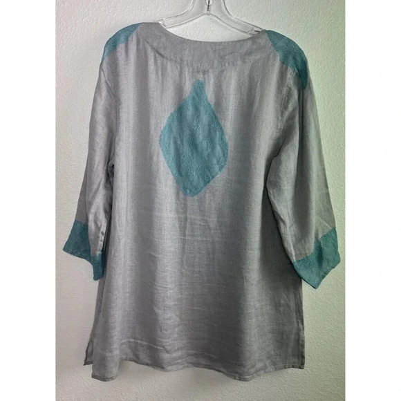 Soft Surroundings Linen Tunic Top Size L Gray Aqua Lace Boho 3/4 Sleeves - Picture 3 of 16